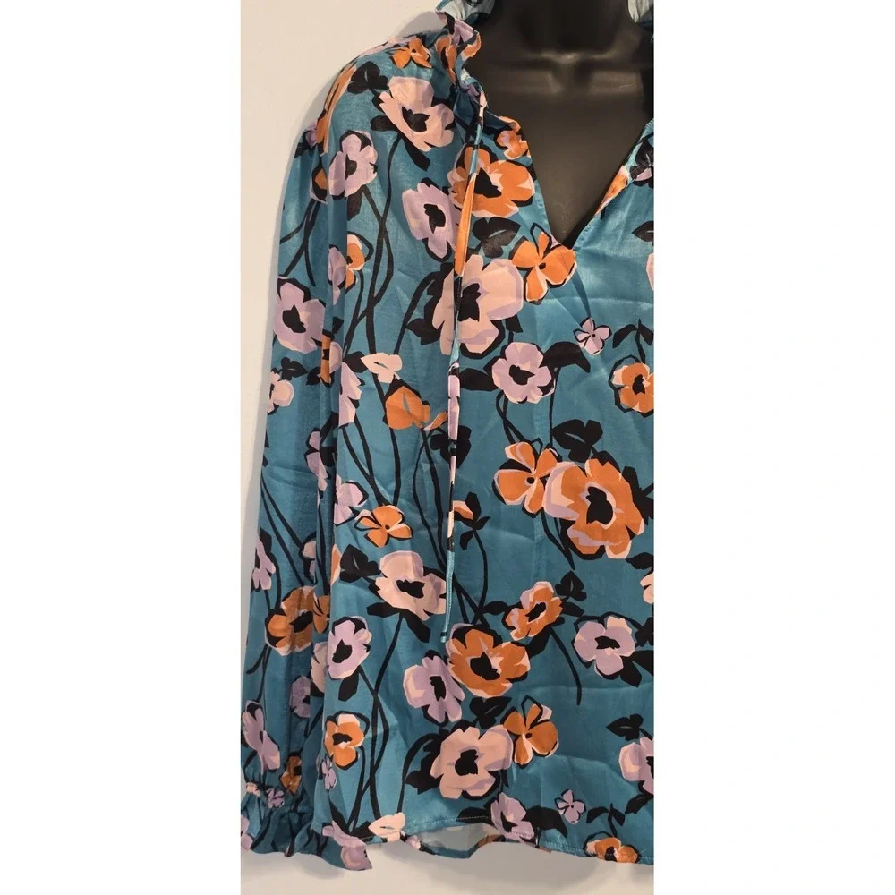 NWT FATE Women's Floral Long Sleeve Peasant Blouse Blue Orange‎ White Size 3XL